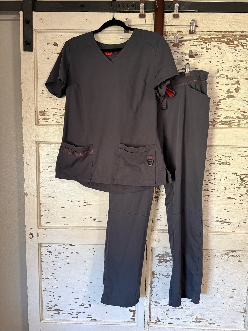 Urbane Charcoal Gray Scrub Set with Orange Trim size medium